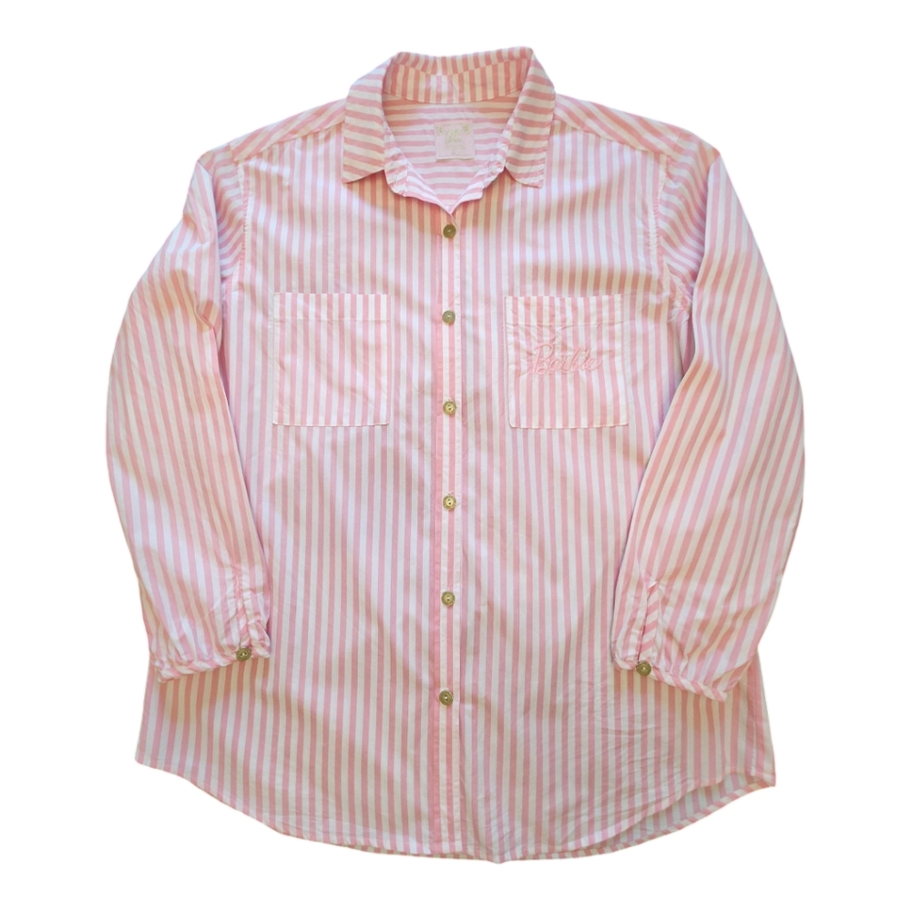 NWOT Show Me Your Mumu x Barbie Kelly Pink and White Stripe Button-up Size Large